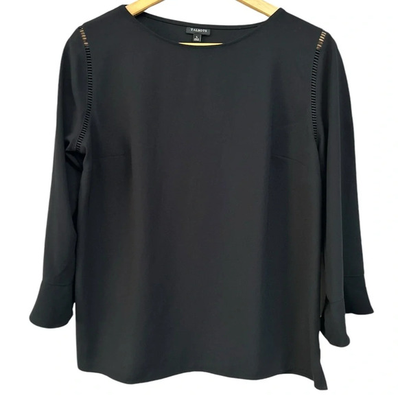 Talbots Size L Black Blouse Shirt With Lace Insets, Zip Side and 3/4 Sleeves - Picture 1 of 8